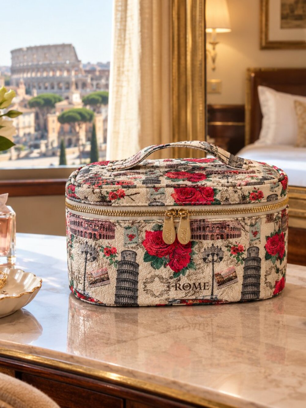 Make-Up, Toiletry, Travel Bag - Italy Print in White, Grey and Red